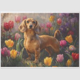 Decoupage Schilderij van Dachshund met Lentetulpen Tissuepapier