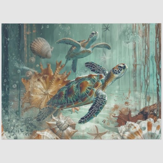 Decoupage Sea Turtle Coastal Nature Teals Greens  Tissuepapier (Voorkant)