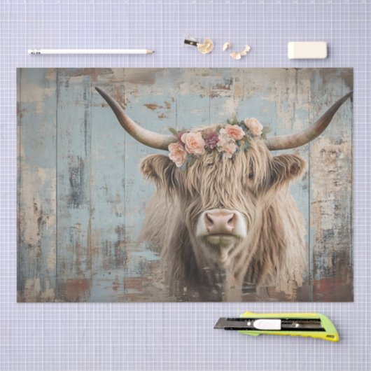 Decoupage Shaggy Highland Koe Perzik Bloem Tissuepapier (Craft)