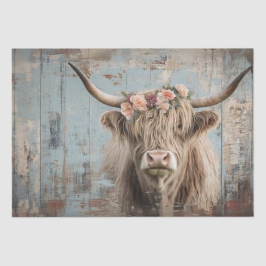 Decoupage Shaggy Highland Koe Perzik Bloem Tissuepapier (Voorkant)