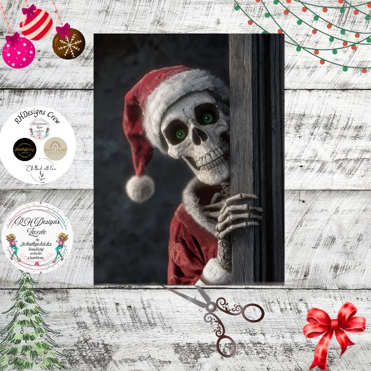 Decoupage Skeleton Santa Claus Lurking Peeking Art Tissuepapier