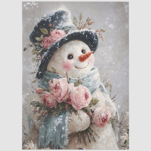 Decoupage Sneeuwman met Roze Rozen Tissuepapier (Voorkant)