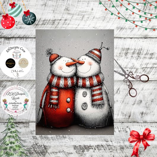 Decoupage Sneeuwmannen Paar Rode Mutsen Sjaals Tissuepapier