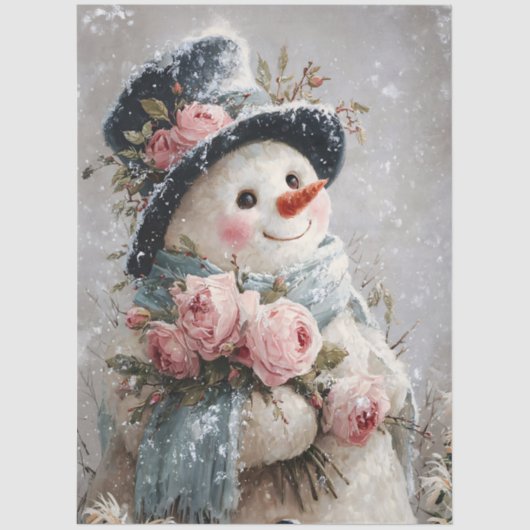Decoupage Snowman with Pink Roses Tissuepapier (Voorkant)