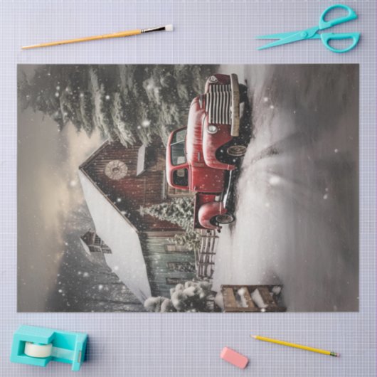 Decoupage Snowy Landscape Red Truck Barn Tissuepapier (Craft)