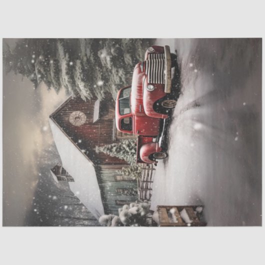 Decoupage Snowy Landscape Red Truck Barn Tissuepapier (Voorkant)