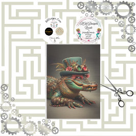 Decoupage Steampunk Alligator Top Hat met Veer Tissuepapier