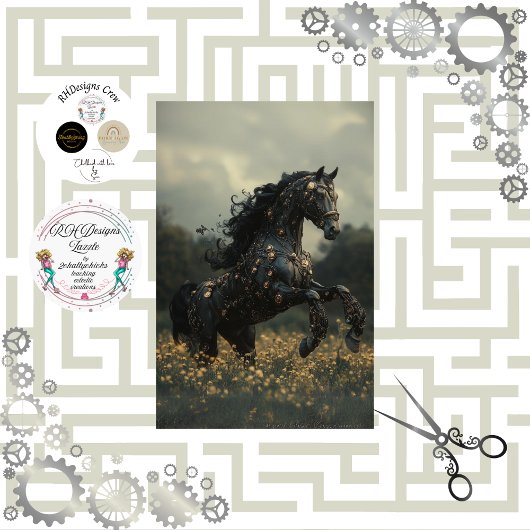 Decoupage Steampunk Black Stallion Horse Tissuepapier