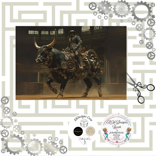 Decoupage Steampunk Bull Rodeo Rider Tissuepapier