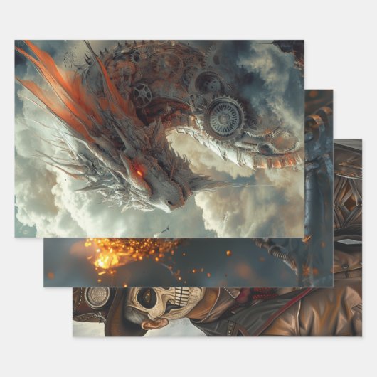 Decoupage Steampunk Draak, Schedel, & Koppel Inpakpapier Vel (Set)