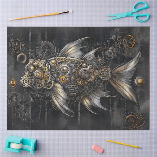 Decoupage Steampunk Fish Silver Gold Metallic Tissuepapier (Craft)