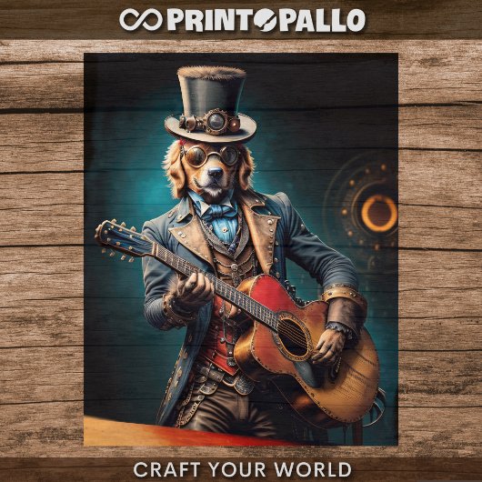 Decoupage - Steampunk Golden Retriever & gitaar - Tissuepapier