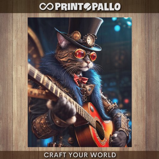 Decoupage - Steampunk kat met hoed en gitaar - Tissuepapier