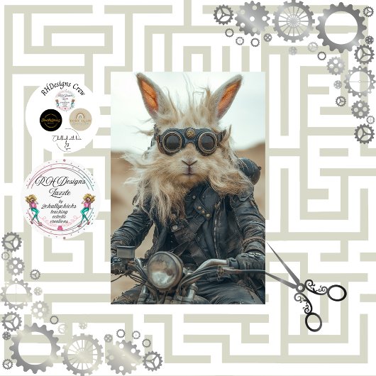 Decoupage Steampunk Rabbit Riding Motorcycle Tissuepapier