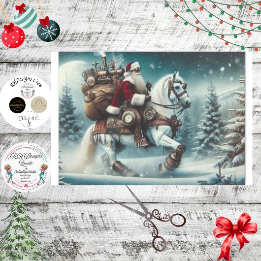 Decoupage Steampunk Santa Riding White Horse Tissuepapier