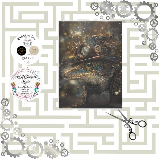 Decoupage Steampunk Sport Lizard Gold Green Tissuepapier