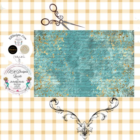 Decoupage Teal Gold Textured Faux Background  Tissuepapier