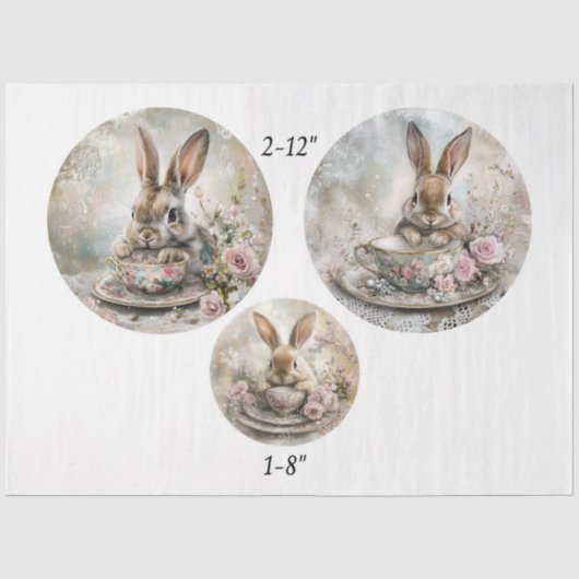 Decoupage Theekop Konijn 12" & 8" Rondjes Tissuepapier (Voorkant)