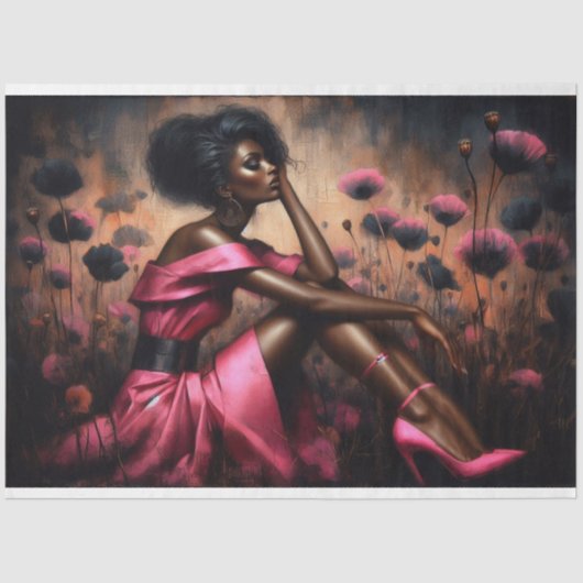 Decoupage Tissue Paper Hot Pink Poppies Vrouw Tissuepapier (Voorkant)