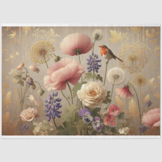 Decoupage tissuepapier Bloemen Rode Robin Bird (Voorkant)