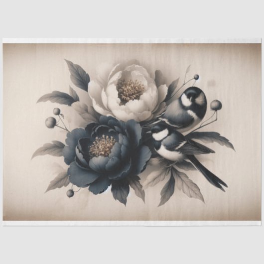 Decoupage tissuepapier Pioen Bloemen Vogel Ontwerp (Voorkant)