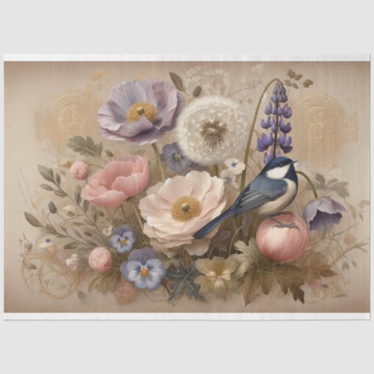 Decoupage tissuepapier Pioen Bloemen Vogel Ontwerp (Voorkant)