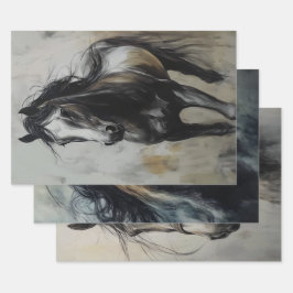 Decoupage Trio Charcoal Rust Horse Art Inpakpapier Vel