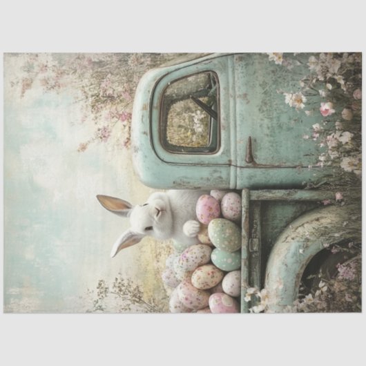 Decoupage Truck White Rabbit Easter Eggs Tissuepapier (Voorkant)