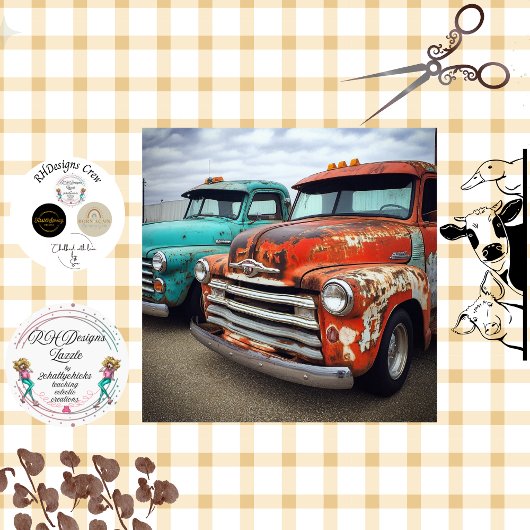 Decoupage Turquoise en rode truck in het veld Tissuepapier