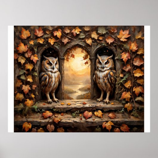 Decoupage - Twee Uilen met uitzicht op de herfst Poster (Voorkant)