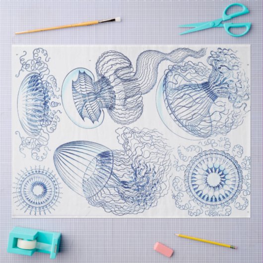 Decoupage van blauwe kwallen tissuepapier (Craft)