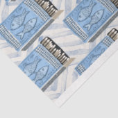 decoupage van blauwe sardineconserven tissuepapier (Detail)