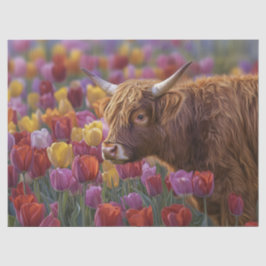 Decoupage van Highland Koe Lentetulpen Tissuepapier