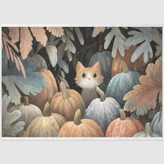 Decoupage van kat in pompoenveld tissuepapier (Voorkant)