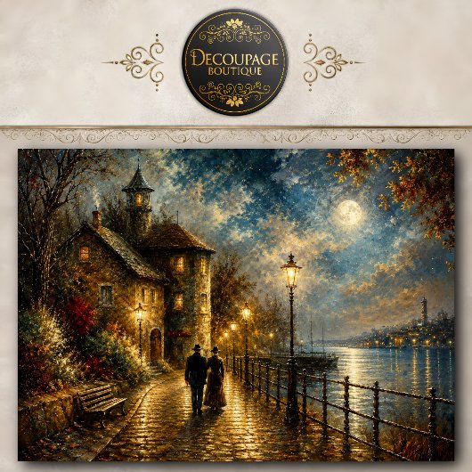 Decoupage van maanverlichte vuurtorenhavenwandelin tissuepapier