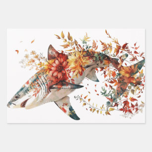 Decoupage van met bloem bedekte haaien inpakpapier vel