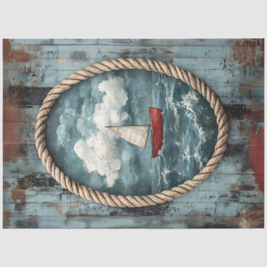 Decoupage van zeilboot met touwrand Rustic Nautica Tissuepapier (Voorkant)