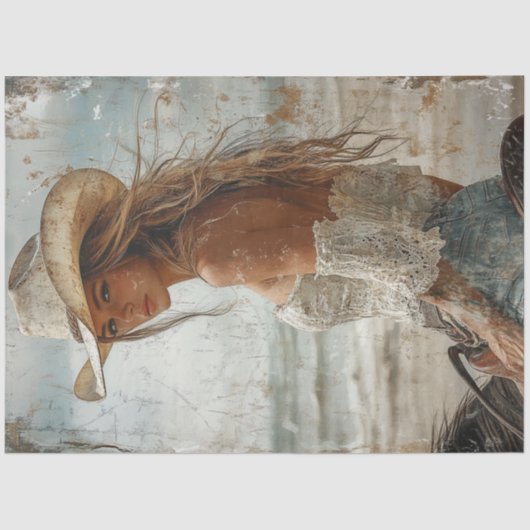 Decoupage versleten foto van blonde cowgirl op paa tissuepapier (Voorkant)