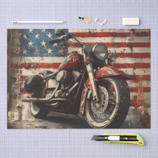 Decoupage  verweerde motorfiets met vlag tissuepapier (Craft)