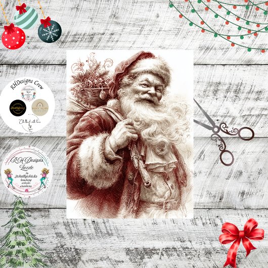 Decoupage Vintage Kerstman Schilderachtig Rood Tissuepapier