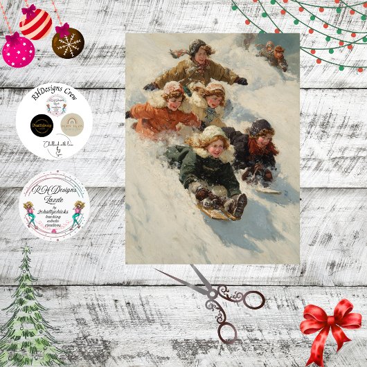 Decoupage Vintage Kinderen Sleden Poster Tissuepapier