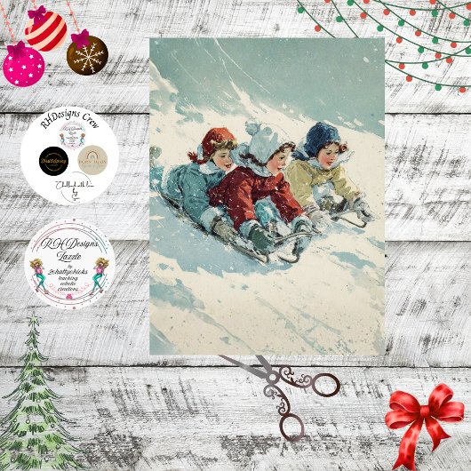 Decoupage Vintage Poster Children Sledding  Tissuepapier
