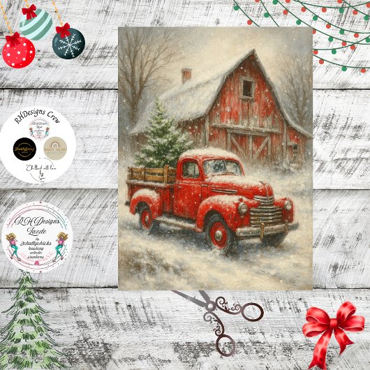 Decoupage Vintage Red Truck Christmas Scene Tissuepapier