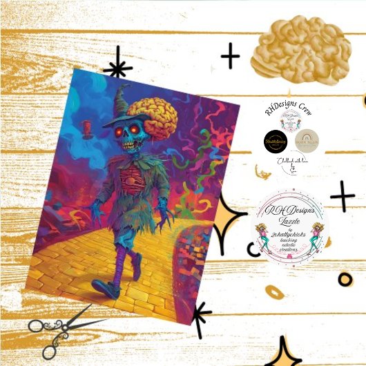 Decoupage vogelverschrikker gele bakstenen weg gri tissuepapier