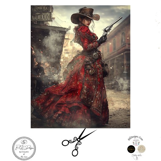 Decoupage Vrouw Gunslinger Rood  Jurk Tissuepapier