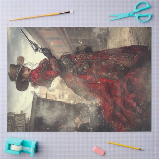 Decoupage Vrouw Gunslinger Rood  Jurk Tissuepapier (Craft)