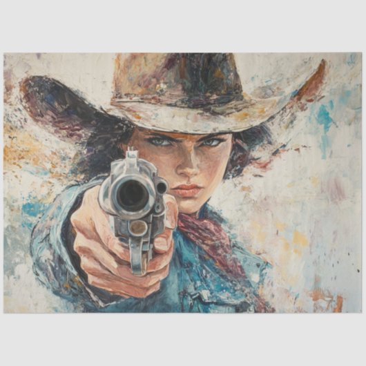 Decoupage Vrouw Sherriff Pistol wees op een overva Tissuepapier (Voorkant)