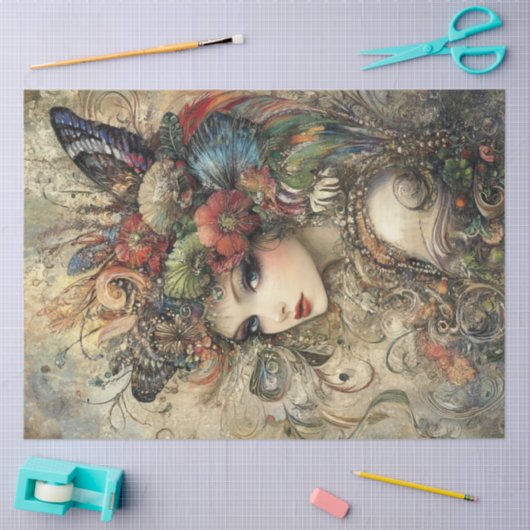 Decoupage vrouw versierd hoofdtooi tissuepapier (Craft)