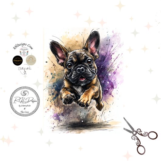 Decoupage Watercolor Splashes Frenchie Bulldog  Tissuepapier
