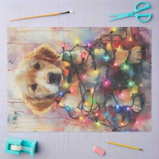 Decoupage Waterverf Christmas Retriever Pup Tissuepapier